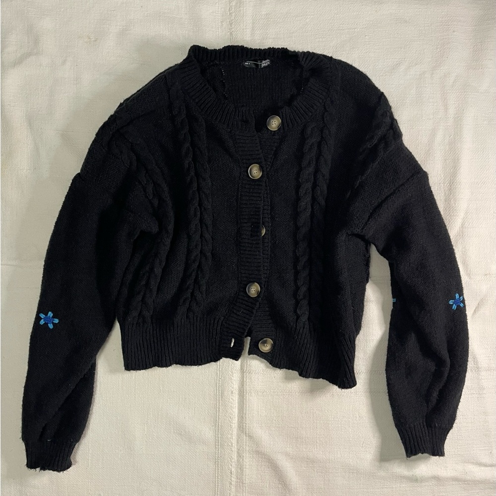 Black Cable Knit Sweater with Blue Floral Detail